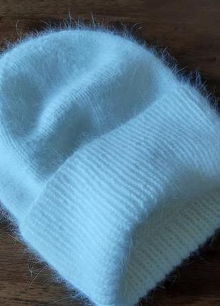 Белая ангоровая шапка, зимняя вязаная женская шапка, ручная работа