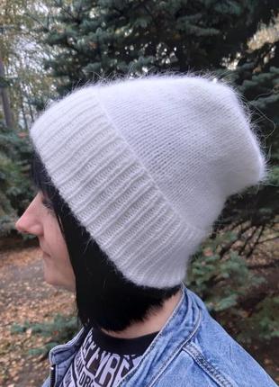 Белая ангоровая шапка, зимняя вязаная женская шапка, ручная работа