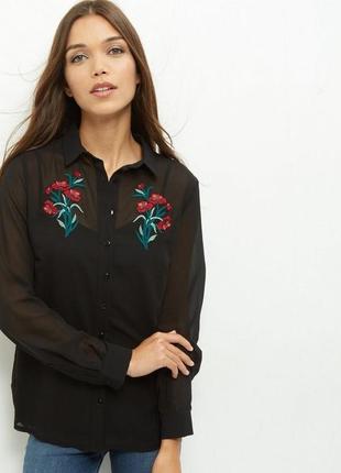 Блузка с вышевкой new look, прозрачная, с длинным рукавом, чорная/рубашка/блуза1 фото