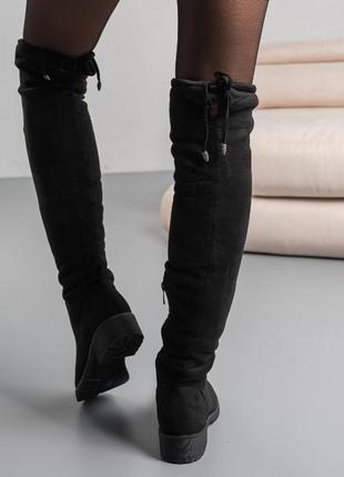 Теплые сапоги,ботфорты женские замшевые черные на плоской зимней подошве (зима 2022-2023) для женщин,стильные,удобные,комфортные5 фото