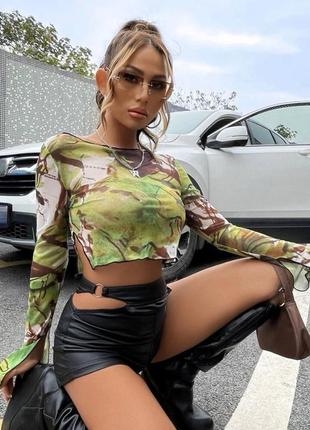 Топ топік кофта кофтинка принт салатовий салатова кроп коротка короткий скорочена скорочений сітка сітчатий сітчата прозора прозорий рукави кльош