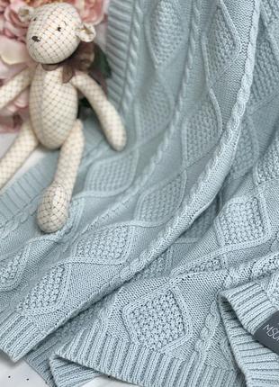 Плед одеяло детское, вязаное, хлопок, размер 80х100 см, ромб-коса светлая мята топ1 фото