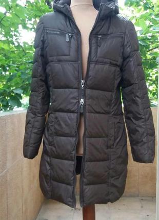 Жіноче стеганное пальто з капюшоном коричневого кольору only3 фото