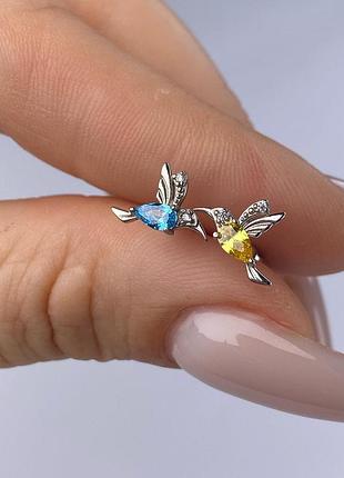 🇺🇦серьги серебро 925° птички калибри, разноцветные, желто-голубые, кубический цирконий, 0224.90р