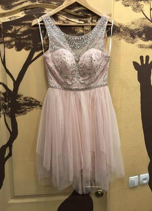 Красивое зефирное платье персиковое розовое шифоновое вечернее коктейльное платье