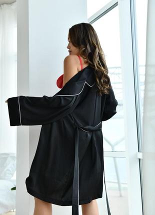 Чорний жіночий шовковий халатик , шовк халат для дому8 фото