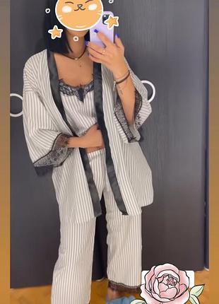 Шикарний домашніх костюм софт з кружевом, халат, майка і штани