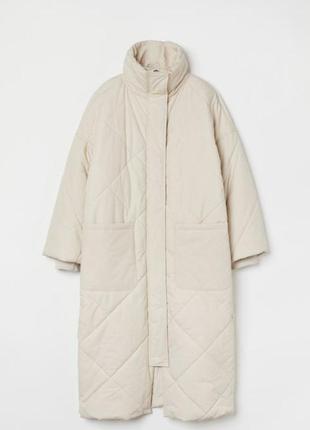 Стильное стеганное пальто h&m молочного цвета пуховик из стеганой ткани с высоким воротником куртка2 фото