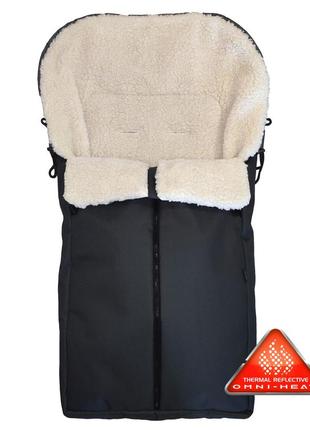 Зимний конверт чехол в коляску poland (польша) черный натуральная овчина + omni-heat от 0 до 3 лет з