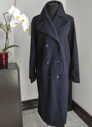 Синее длинное осенее пальто под пояс из шерсти2 фото