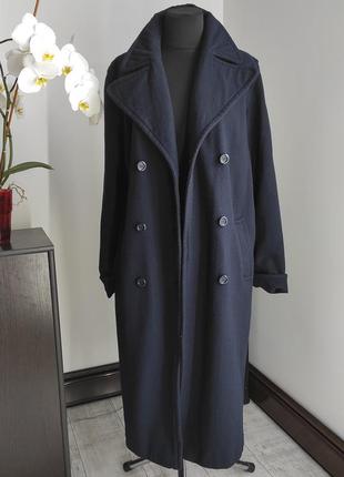 Синее длинное осенее пальто под пояс из шерсти4 фото