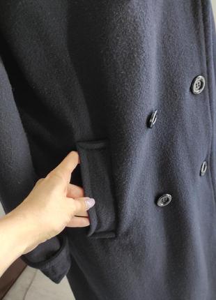 Синее длинное осенее пальто под пояс из шерсти7 фото
