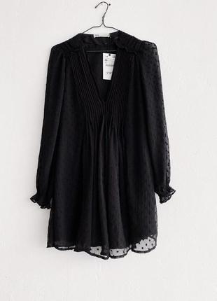 Zara оригинал платье размер 42 xl в наличии шифоновое платье мини миди в горох черное базововое женское от zara zara4 фото