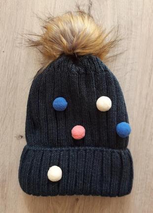 В'язана,тепла, напівшерстяна яскрава шапка з помпоном для дівчинки на флісі,46-502 фото