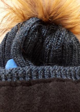 В'язана,тепла, напівшерстяна яскрава шапка з помпоном для дівчинки на флісі,46-503 фото