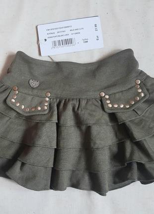 Юбка с оборками primigi италия трикотажная зелёная хаки с золотым блеском на 1,5 года и 12 лет