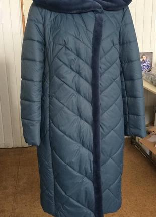Пальто зима размеры 48-60 (!) с кроликом серо-синее4 фото