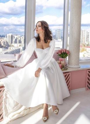 Свадебное белое платье на роспись, платье на роспись, загс, венчание, белое вечернее платье, белое вечернее платье, белое платье миди3 фото