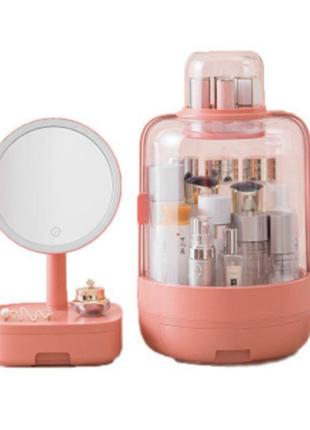 Набір для макіяжу 2в1 led дзеркало органайзер для косметики рожевий w-51 косметичка + дзеркало2 фото