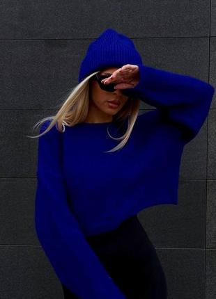 Жіночий светр синій електрик укорочений стильний теплий і лосини чорні женский синий свитер кофта электрик и лосины черные