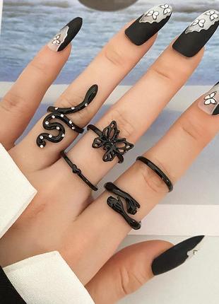 Набор колец модние стильные трендовые кольца колечка в стиле панк рок хип хоп гот чорние кольца кольцо со змеей бабочкой2 фото
