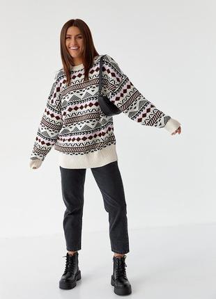 Кофта оверсайз із геометричним візерунком qu style — молочний колір, l (є розміри)