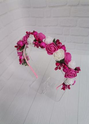 Обруч ободок з рожевими і білими квіточками4 фото