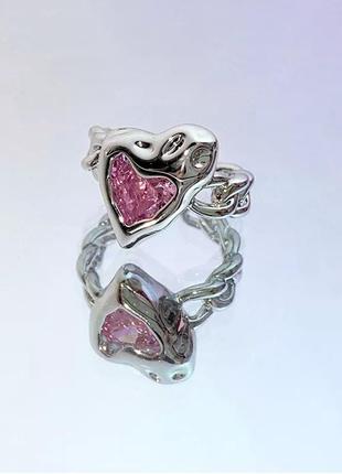 Стильное модное трендовое колечко кольцо в серцем и розовым камнем кристалом цирконом в стиле панк рок хип хоп гот кольцо