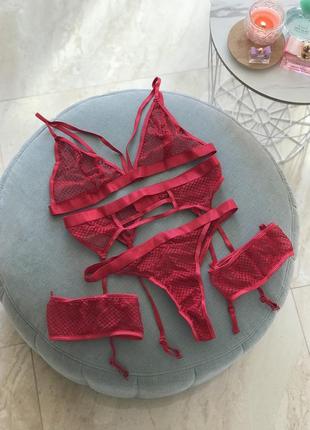 Марсала червоний бордовий комплект сексуальний з гартерами і поясом для чулків4 фото