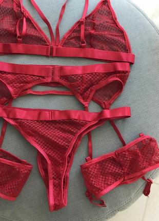 Марсала червоний бордовий комплект сексуальний з гартерами і поясом для чулків5 фото