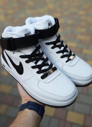 Кросівки на євро зиму nike air force 1🆕високі чорно-білі шкіряні теплі кросівки