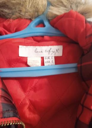 Куртка красная теплая в клетку  love tif xx  с капюшоном5 фото