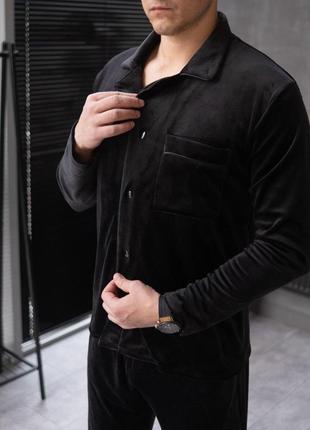 Плюшева чоловіча чорна піжама сорочка та штани2 фото