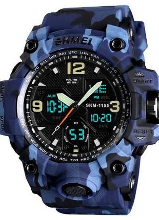 Мужские спортивные часы skmei 1155 электронные с подсветкой света, камуфляжные часы с будильником камуфляж синый6 фото