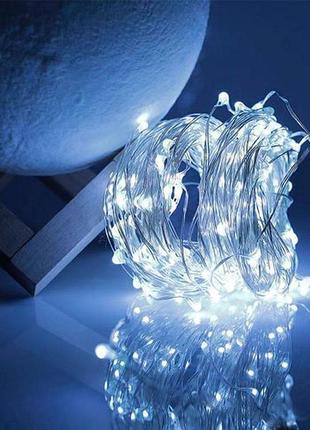Гибкая медная гирлянда с пробкой на батарейках роса капля 20led 2м белый холодный провод проволока 200см