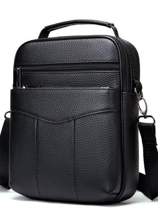 Чоловіча сумка через плече натуральна шкіра барсетка чоловіча шкіряна сумка для документів планшет чорна