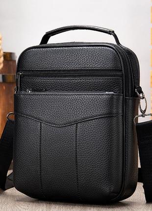 Мужская сумка через плечо натуральная кожа барсетка мужская кожаная сумка для документов планшет черная2 фото