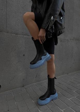 Bottega veneta black blue lux популярные женские массивные сапоги на высокой голубой подошве ботега ботинки осень натуральная кожа6 фото
