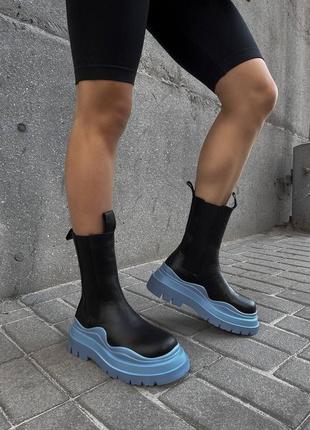 Bottega veneta black blue lux популярные женские массивные сапоги на высокой голубой подошве ботега ботинки осень натуральная кожа4 фото