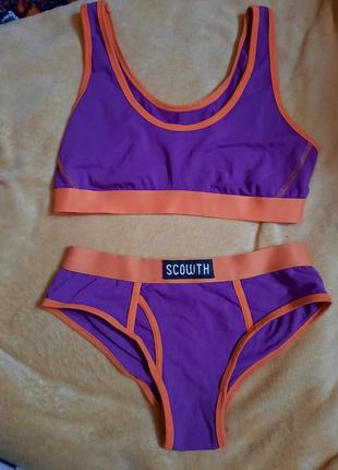 Комлект білизни scowth український  бренд білизни фіолетовий з оранж топ і труси1 фото