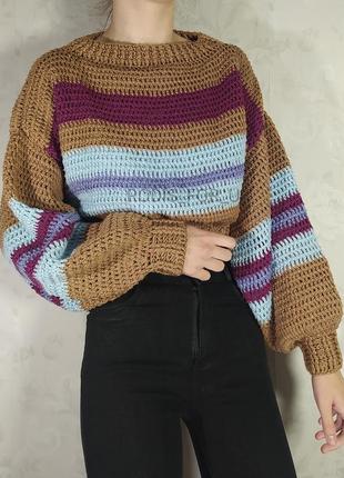 Різнокольоровий в'язаний смугастий светр оверсайз ручна робота