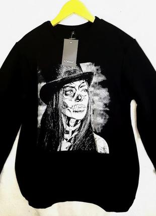 Свитшот свитер черный утепленный на флисе с принтом рисунком девушка череп 44 46 48