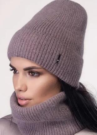 Комплект сицилія - жіноча шапка з одворотом і снуд з ангори3 фото