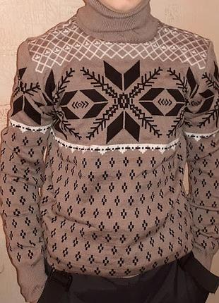 Свитер гольф тонкий  теплый вязаный с орнаментом узором серый  бежевый 44  46 48