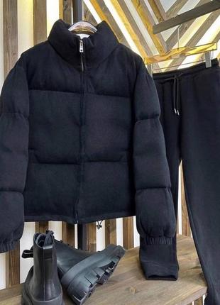Костюм спортивный прогулочный двойка куртка дутик пуффер короткая штаны на флисе с начесом тёплый зима осень изумруд зеленая серый черный бежевый2 фото