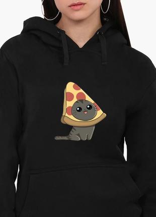 Худи женский пицца кот (pizzacat) кенгуру (8921-3436) черный l1 фото