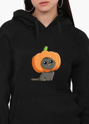 Худи женский тыква кот (pumpkincat) кенгуру (8921-3435) черный xl1 фото