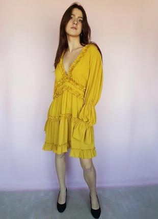 Сукня вільна з рюшами глибоке декольте boohoo гірчичне