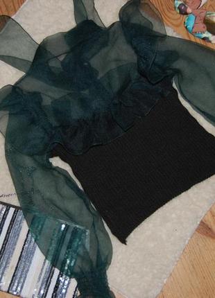 Ефектний смарагдовий джемпер з органзою і об'ємними рукавами /светр в стилі zara5 фото