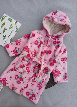 Детский плюшевый халатик 9-12 мес розовый халат с капюшоном для девочки малышки